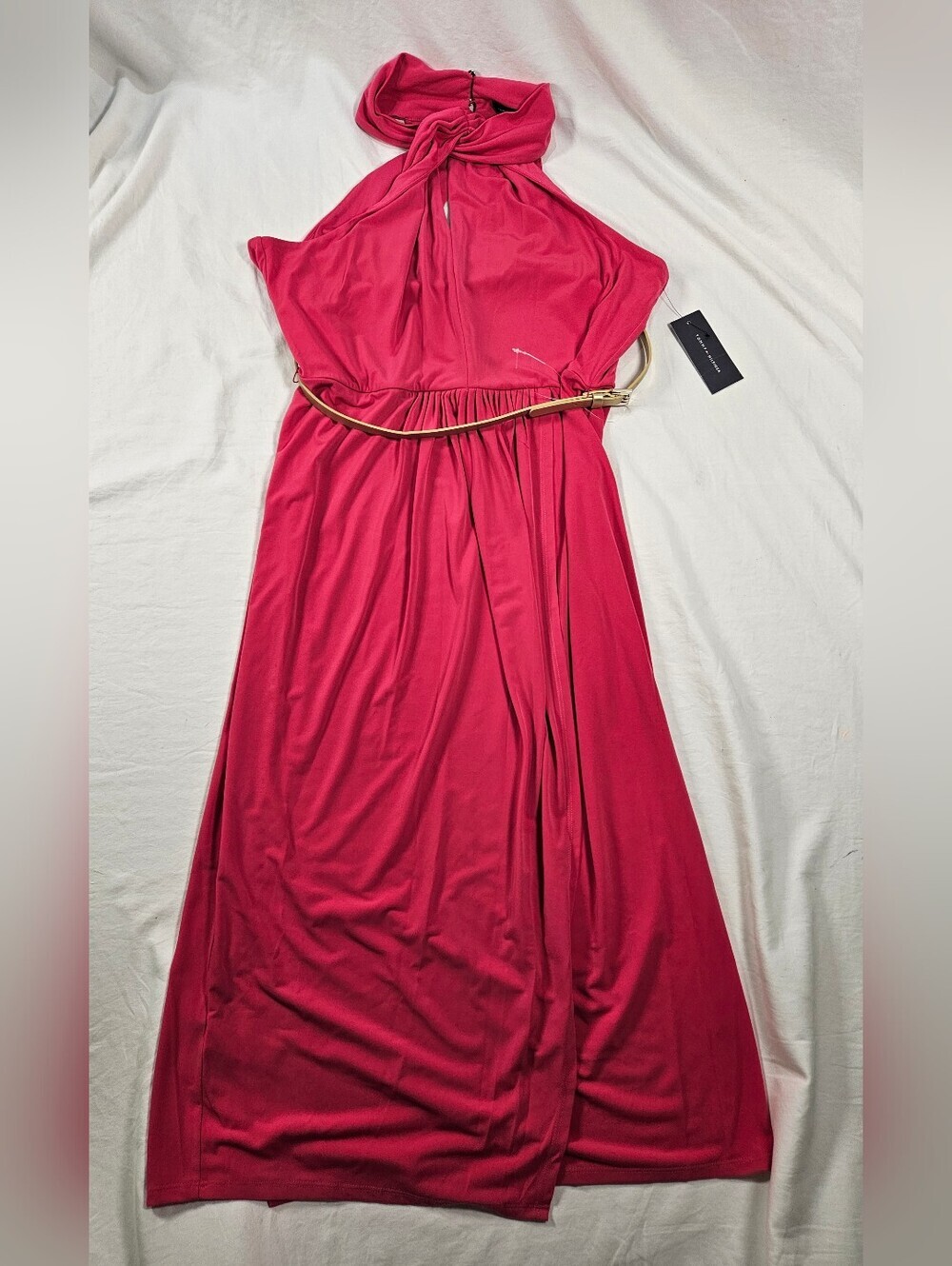 NWT Size 14 Tommy Hilfiger Twisted Halter Midi Dress in Magenta with Gold Belt - Picture 5 of 14